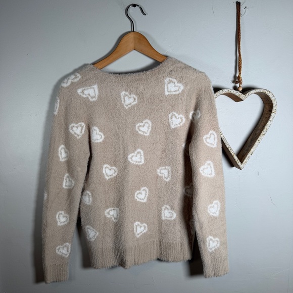 Bailey 44 Cozy Beige Heart Print Fuzzy Cardigan Soft Knit Sweater Cottagecore SM - Picture 6 of 10